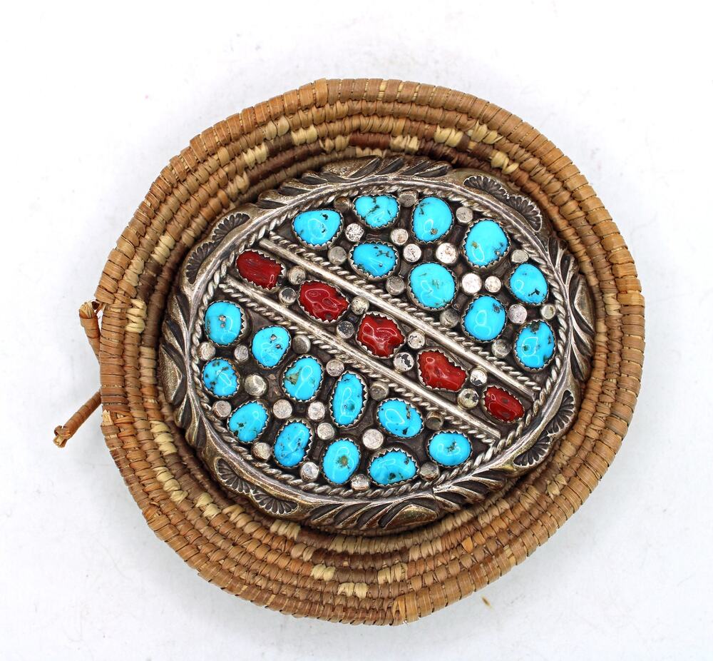 R. Bahe Signed Sterling Silver Turquoise and Coral Cluster Belt Buckle